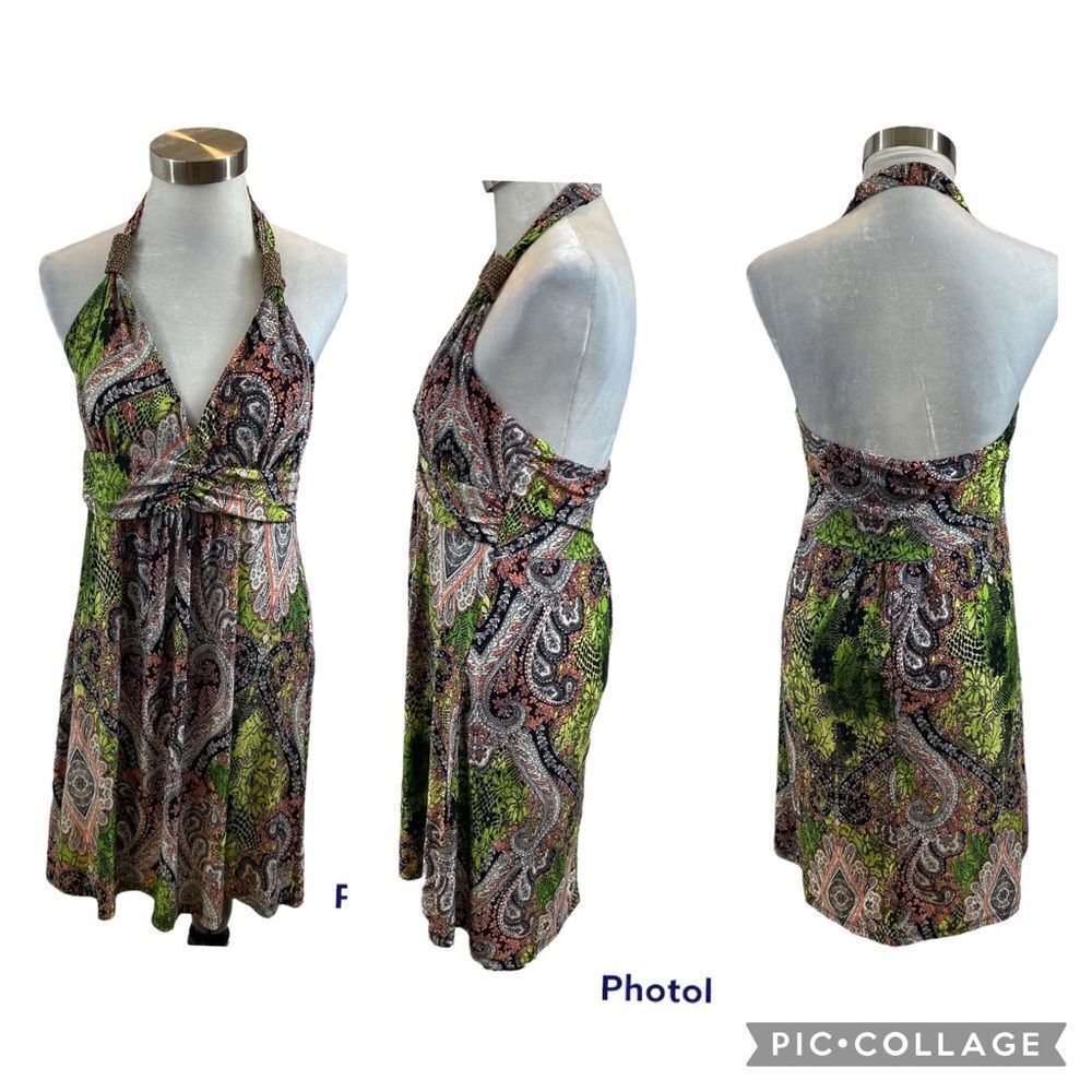 Cristinalove Casual Print Halter Dress Midi Length Green and‎ White Size XL